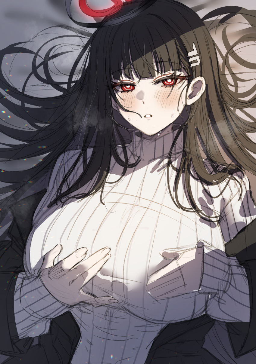 1girl absurdres bed_sheet black_hair blue_archive blush breasts hair_ornament hairpin halo highres large_breasts long_hair long_sleeves looking_at_viewer nompang open_mouth red_eyes ribbed_sweater rio_(blue_archive) solo sweater upper_body white_sweater