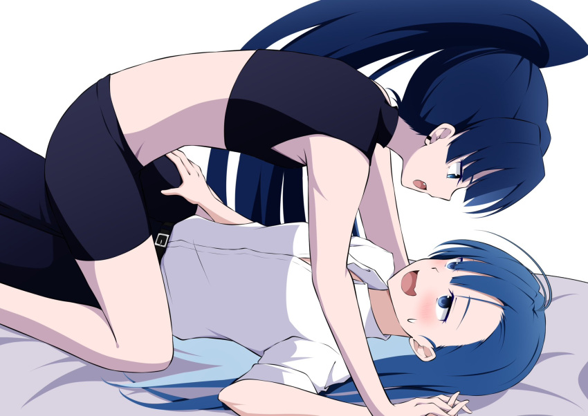 2girls ado_(utaite) ahoge asymmetrical_bangs belt belt_buckle black_belt black_pants black_shirt black_shorts blue_eyes blue_hair blush breasts buckle cloud_nine_inc collared_shirt commentary_request crop_top dress_shirt earclip eye_contact fang hand_on_another's_thigh highres lone_nape_hair long_hair looking_at_another lying medium_breasts merry_(ado) multiple_girls naima_(ado) nori_(norinori_yrl) on_back open_mouth pants ponytail readymade_(ado) shirt shorts simple_background skin_fang small_breasts straddling sweatdrop usseewa white_background white_shirt yuri