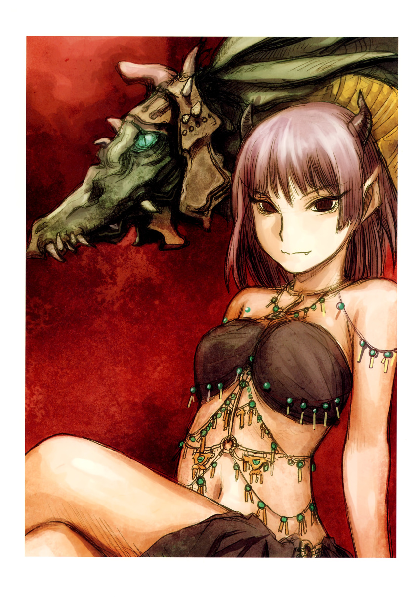 1girl abe_yoshitoshi absurdres bare_arms bare_legs bare_shoulders black_bra black_eyes black_horns border bra closed_mouth crossed_legs dragon fang fang_out highres horns jewelry midriff navel necklace no_pupils non-web_source original pointy_ears purple_hair red_background sharp_teeth short_hair sitting small_horns smile solo strapless strapless_bra teeth underwear white_border