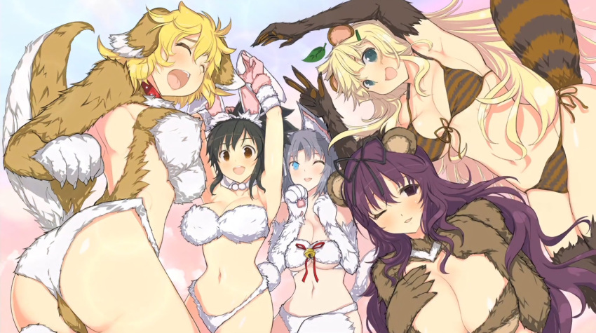 5girls :3 :d ^_^ animal_collar animal_ear_fluff animal_ears animal_hands armpits arms_up ass asuka_(senran_kagura) bare_shoulders bear_paws bell bikini black_hair black_ribbon blonde_hair blue_background blue_eyes blunt_bangs blush body_fur breast_suppress breasts brown_bikini brown_eyes brown_fur cat_ears cat_girl cat_paws cat_tail chest_bow claws cleavage closed_eyes collar collarbone dog_ears dog_girl dog_paws dog_tail floppy_ears front-tie_bikini_top front-tie_top fur-trimmed_gloves fur_bikini fur_collar fur_gloves fur_thighhighs fur_trim gloves gradient_background green_eyes grey_hair groin hair_between_eyes hair_ornament hairclip highres huge_breasts jingle_bell kemonomimi_mode large_breasts leaf leaf_on_head linea_alba long_hair looking_at_viewer messy_hair multiple_girls murasaki_(senran_kagura) navel official_alternate_costume official_art one_eye_closed open_mouth parted_lips pink_background ponytail purple_eyes purple_hair rabbit_ears rabbit_girl rabbit_tail raccoon_ears raccoon_girl raccoon_tail red_collar red_ribbon ribbon ryouna_(senran_kagura) senran_kagura senran_kagura_peach_ball senran_kagura_shinovi_versus senran_kagura_shoujo-tachi_no_shin'ei shiny_skin short_hair short_ponytail shoulder_blades side-tie_bikini_bottom sidelocks smile standing striped_bikini striped_clothes striped_tail swimsuit tail tanuki teeth thighhighs tongue two-tone_bikini underboob upper_teeth_only very_long_hair w white_fur yaegashi_nan yomi_(senran_kagura) yumi_(senran_kagura)