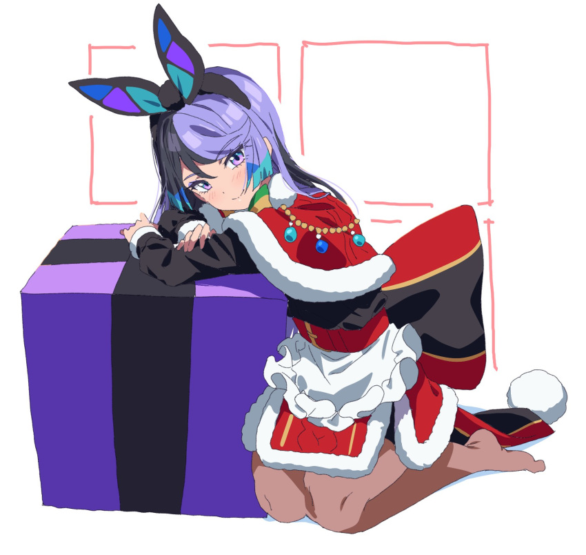 1girl animal_ears black_hair black_hairband black_shirt box brown_pantyhose capelet carron_(waccha_primagi!) christmas closed_mouth commentary_request dolldolldd full_body fur-trimmed_capelet fur_trim gift gift_box hairband highres korean_commentary leaning_on_object long_hair long_sleeves looking_at_viewer multicolored_hair no_shoes pantyhose pretty_series purple_eyes purple_hair rabbit_ears red_capelet red_skirt santa_costume shirt sitting skirt smile solo very_long_hair waccha_primagi!