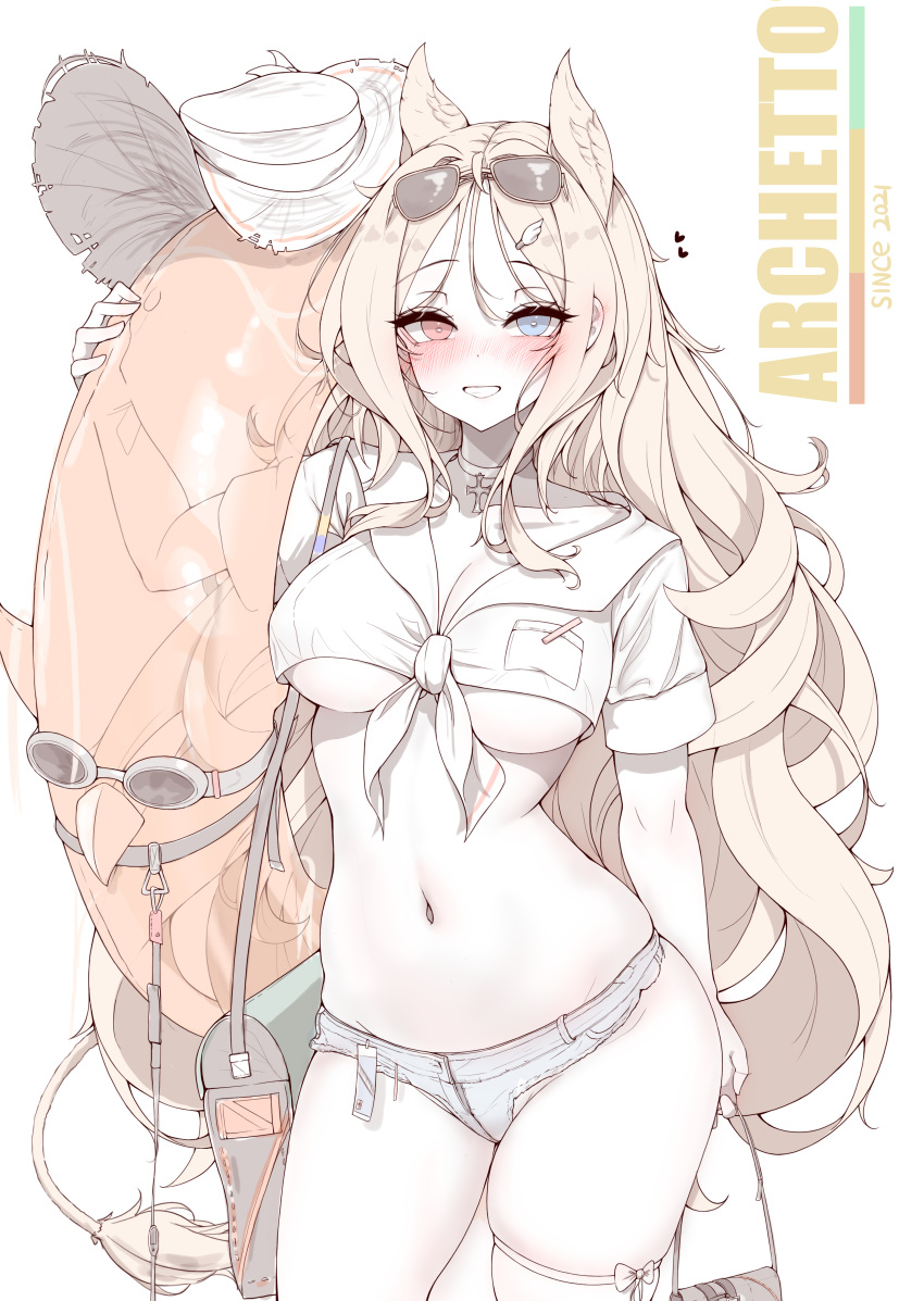 1girl absurdres animal_ears archetto_(arknights) arknights arm_up bag blonde_hair blue_eyes blush breast_pocket breasts bright_pupils character_name choker cleavage commentary contrapposto cowboy_shot crop_top cropped_shirt cross cross_choker ear_blush english_commentary eyes_visible_through_hair eyewear_on_head grin groin hair_ornament hat heart heterochromia highres holding holding_swim_ring innertube latin_cross lilac_(k32420276) long_hair looking_at_viewer micro_shorts navel nose_blush paid_reward_available pocket red_eyes shirt short_sleeves shorts shoulder_bag simple_background smile solo standing stomach straw_hat sunglasses swim_ring tied_shirt underboob unworn_hat unworn_headwear white_background white_choker white_headwear white_pupils white_shirt white_shorts
