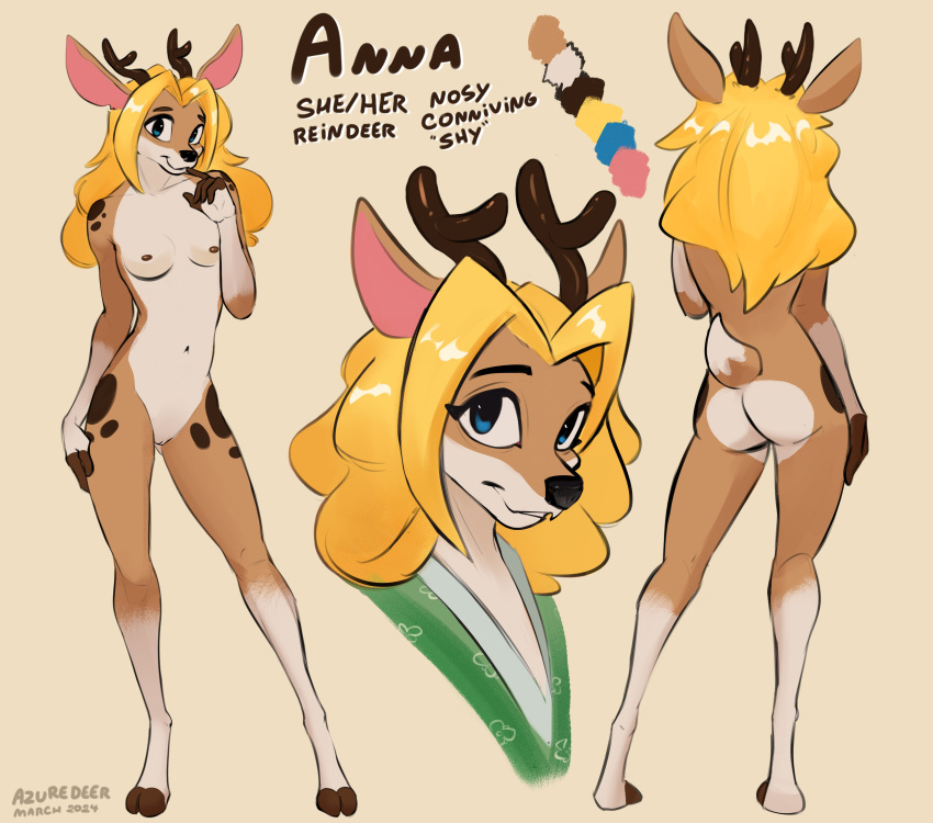 absurd_res anthro antlers azuredeer blonde_hair blue_eyes breasts brown_body brown_fur butt cloven_hooves deer female front_view fur genitals hair hi_res hooves horn looking_at_viewer mammal model_sheet new_world_deer nude pussy reindeer short_tail small_breasts smile solo standing tail