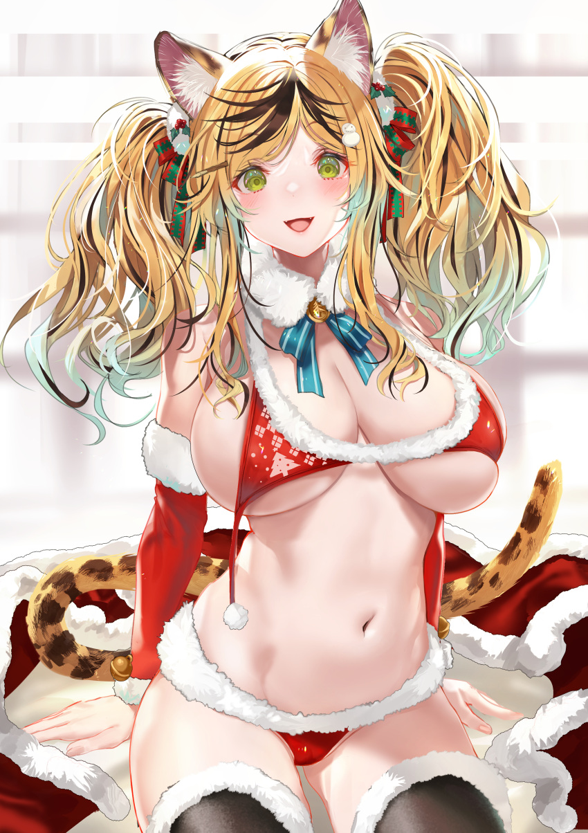 1girl absurdres animal_ear_fluff bell bikini black_hair black_thighhighs blonde_hair blurry blurry_background breasts capelet cheetah_ears cheetah_girl cheetah_tail commentary_request detached_sleeves fur-trimmed_bikini fur-trimmed_capelet fur-trimmed_collar fur-trimmed_sleeves fur-trimmed_thighhighs fur_trim green_eyes hair_ornament highres indie_virtual_youtuber kintsuba_detama large_breasts looking_at_viewer multicolored_hair navel neck_bell open_mouth parted_bangs red_capelet red_sleeves santa_bikini shimofuri smile snowman_hair_ornament solo stomach streaked_hair swimsuit thighhighs twintails unworn_capelet virtual_youtuber