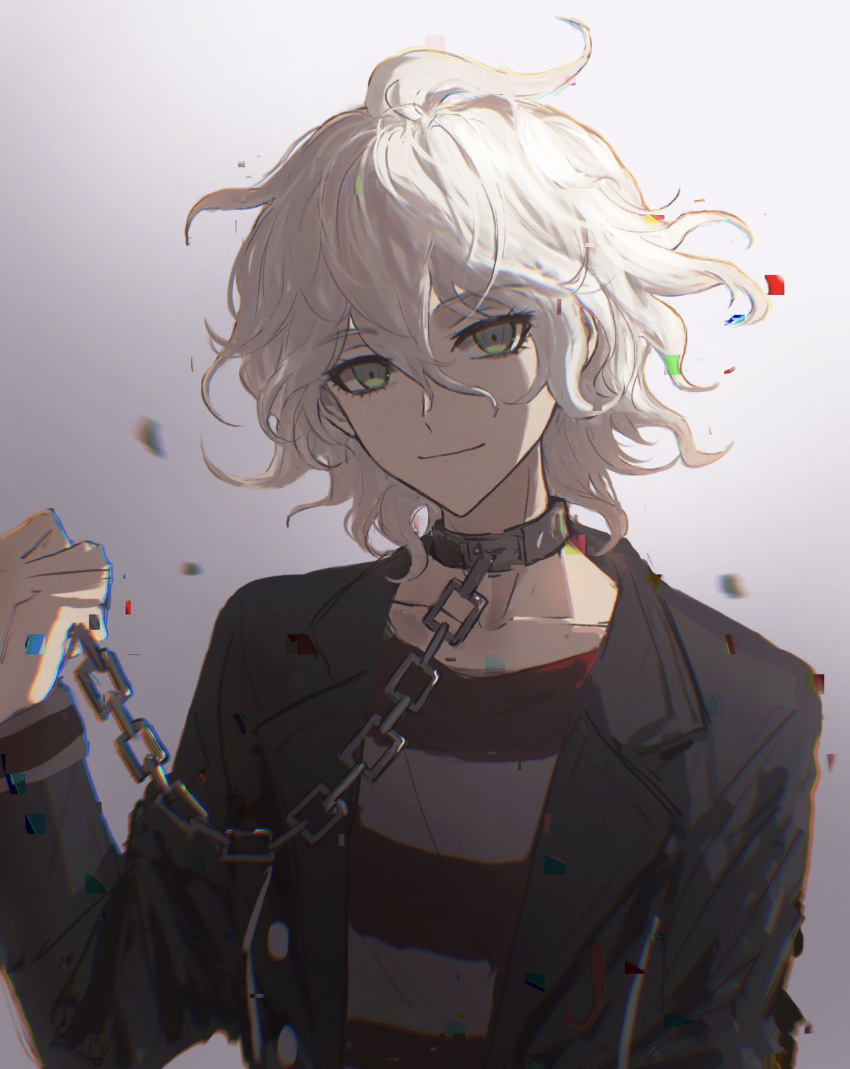 1boy black_jacket brown_eyes chain collar collarbone danganronpa_(series) danganronpa_another_episode:_ultra_despair_girls fu_ga_(vivi912912) gradient_background grey_background grey_hair hair_between_eyes highres jacket komaeda_nagito male_focus messy_hair metal_collar open_clothes open_jacket servant_(danganronpa) shirt smile solo striped_clothes striped_shirt