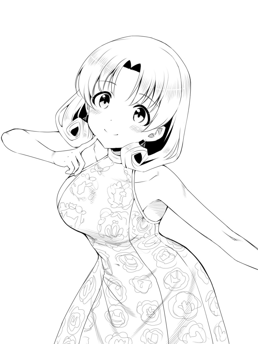 1girl armpits bare_shoulders blush breasts closed_mouth collarbone cowboy_shot curly_hair dot_nose dress earrings finger_to_cheek forehead greyscale highres idolmaster idolmaster_million_live! idolmaster_million_live!_theater_days jewelry large_breasts light_smile looking_at_viewer matcha_kingyo monochrome parted_bangs print_dress sidelocks simple_background solo standing tokugawa_matsuri white_background