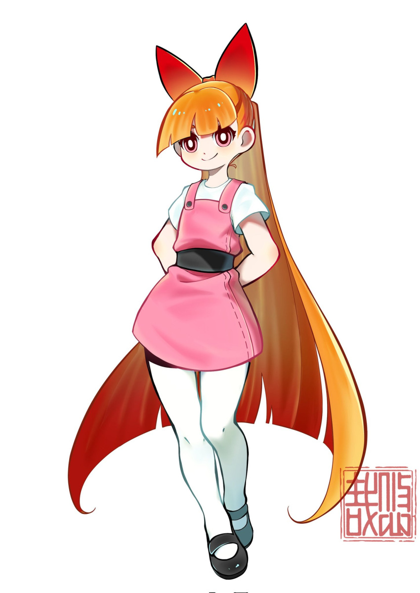1girl :o akazutsumi_momoko arms_behind_back artist_logo black_footwear bow closed_mouth dress flat_chest full_body hair_bow highres long_hair mary_janes orange_hair overall_dress pantyhose pink_eyes powerpuff_girls powerpuff_girls_z red_bow red_dress shoes simple_background smile solo standing very_long_hair white_background white_pantyhose youzaiyouzai112