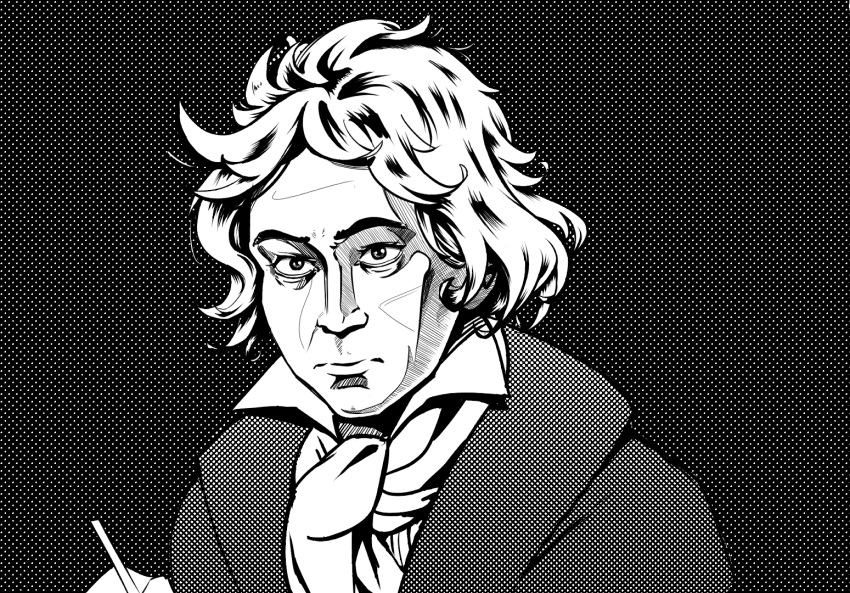 1boy ascot bad_link black_background drawfag english_commentary looking_at_viewer ludwig_van_beethoven male_focus messy_hair monochrome portrait real_life simple_background solo upper_body