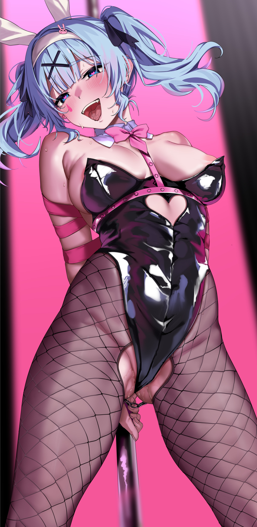 absurdres animal_ears areola_slip arms_behind_back black_leotard bow bowtie bunny_(vocaloid) clothing_cutout cowboy_shot cutout_above_navel detached_collar fake_animal_ears fishnet_pantyhose fishnet_thighhighs fishnets hair_ornament hatsune_miku heart heart-shaped_pupils heart_cutout highleg highleg_leotard highres jack_dempa leotard open_mouth pantyhose pink_pupils playboy_bunny pole pole_dancing pussy_juice rabbit_ears rabbit_hole_(vocaloid) stomach_cutout strapless strapless_leotard stripper_pole symbol-shaped_pupils teardrop_facial_mark thighhighs tongue tongue_out twintails vocaloid x_hair_ornament