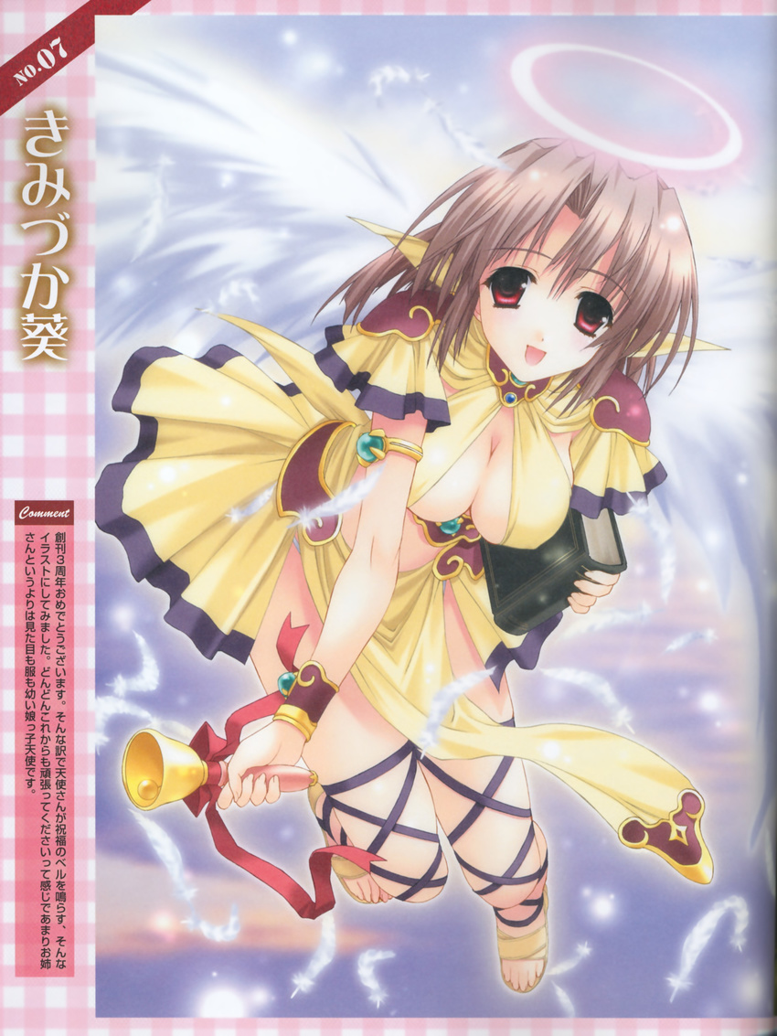 absurdres angel_wings bell book breasts brown_hair cleavage copyright_request feathers halo highres kimizuka_aoi large_breasts red_eyes short_hair solo wings