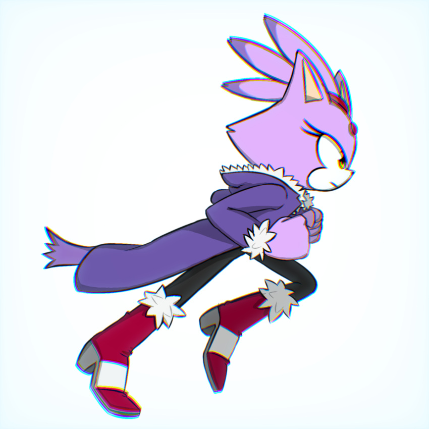 1girl alotaart alternate_costume animal_ears blaze_the_cat boots cat_ears cat_tail coat forehead_jewel from_side full_body fur-trimmed_coat fur_trim furry furry_female high_heel_boots high_heels highres purple_coat running solo sonic_(series) tail yellow_eyes