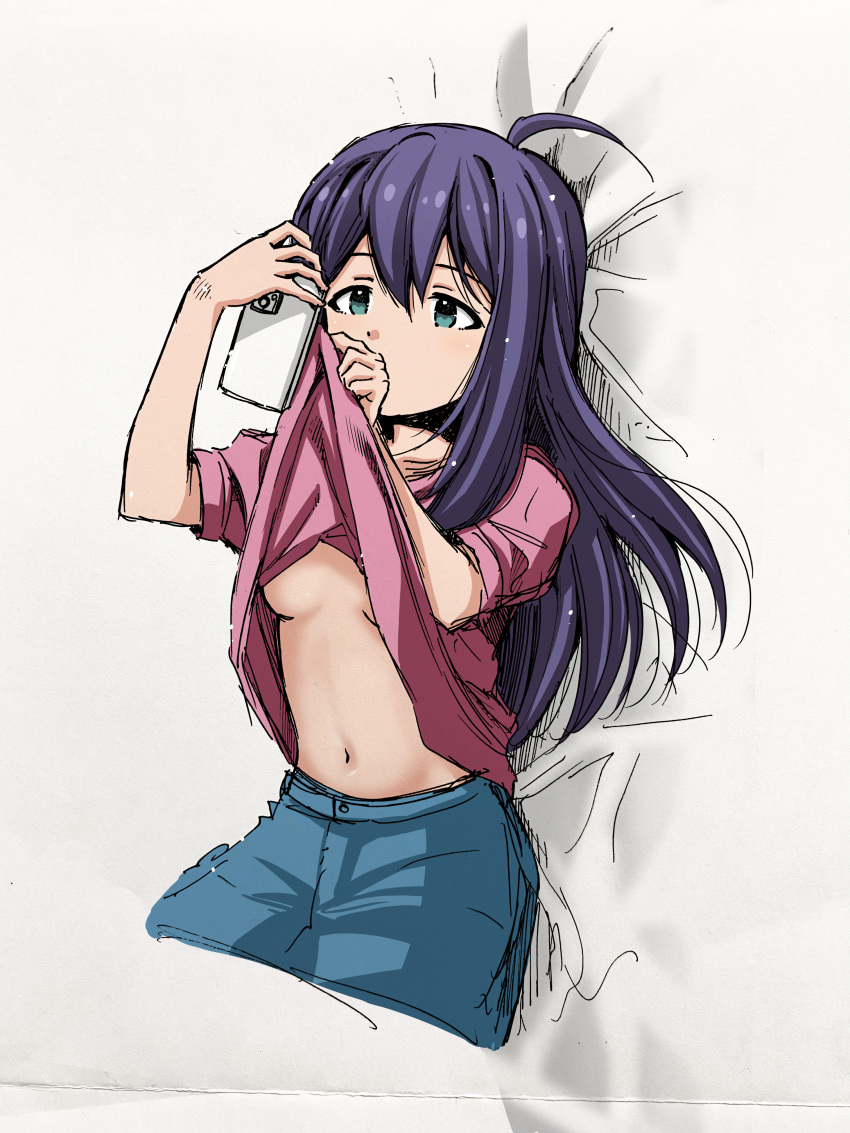 1girl absurdres ahoge bed bed_sheet blush breasts cellphone clothes_lift cowboy_shot dot_nose hair_between_eyes highres holding holding_phone idolmaster idolmaster_million_live! idolmaster_million_live!_theater_days lifted_by_self long_hair looking_at_object lying matcha_kingyo mochizuki_anna navel no_bra on_back on_bed parted_bangs phone shirt_grab shirt_lift short_sleeves sidelocks skirt smartphone solo underboob wiping
