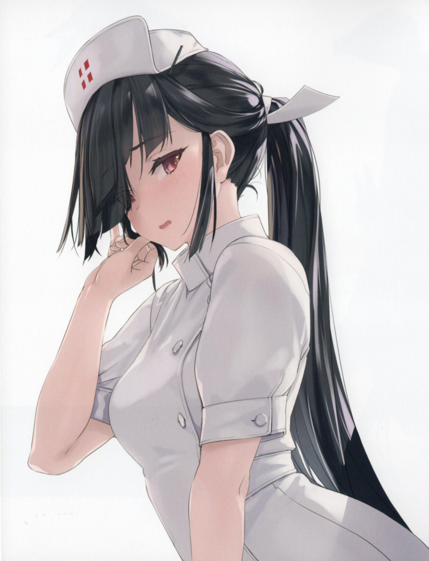 1girl absurdres alternate_costume black_hair blush breasts buttons comiket_102 dated double-breasted dress hair_over_one_eye hair_ribbon hat hayashimo_(kancolle) highres kantai_collection long_hair looking_at_viewer non-web_source nurse nurse_cap open_mouth ponytail red_eyes ribbon rokuwata_tomoe scan short_sleeves simple_background small_breasts solo upper_body very_long_hair white_background white_dress white_uniform