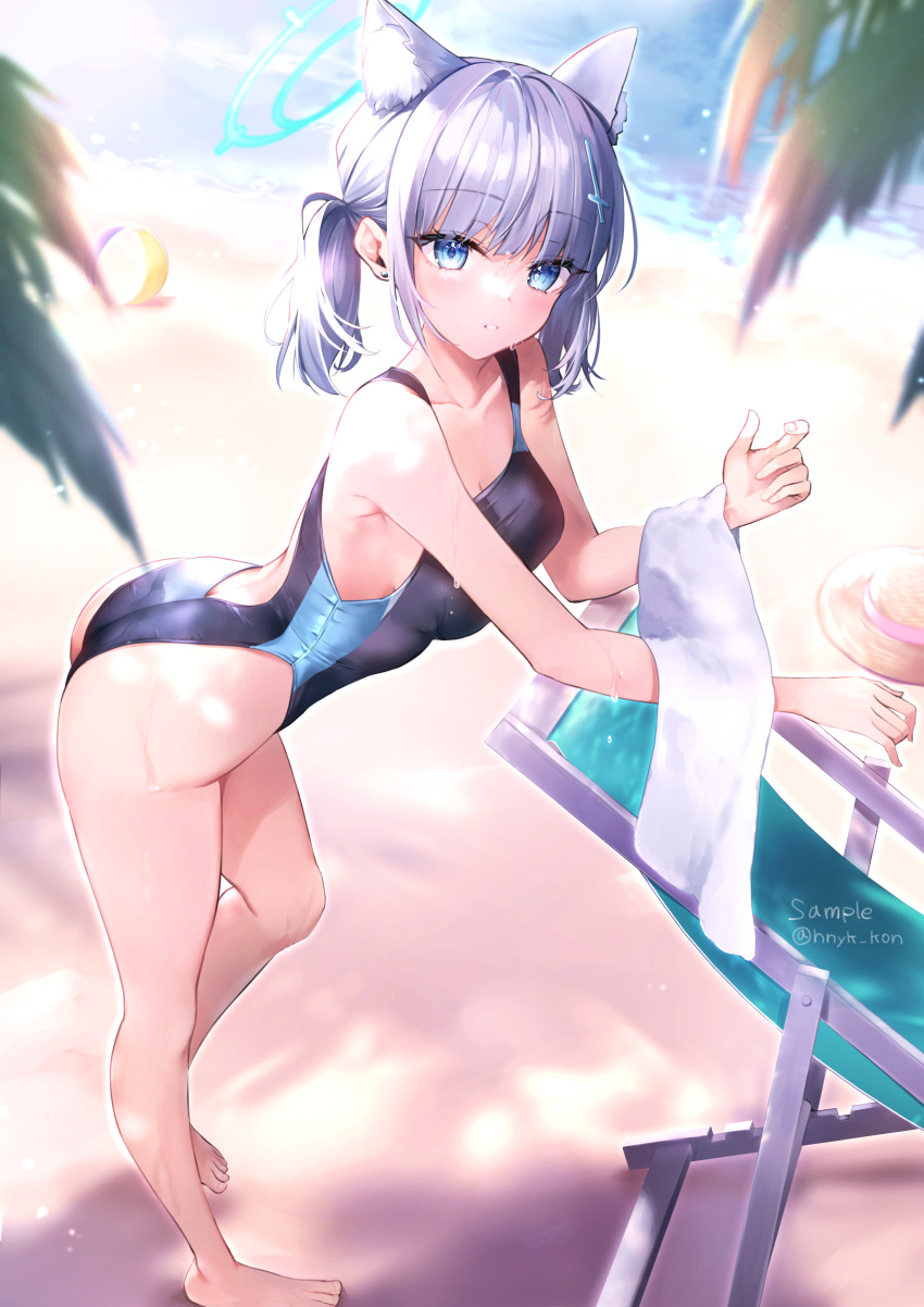 1girl absurdres animal_ear_fluff animal_ears ball bare_arms bare_legs barefoot beach beachball black_one-piece_swimsuit blue_archive blue_eyes blush breasts cleavage competition_swimsuit cross_hair_ornament english_text extra_ears from_above full_body grey_hair hair_ornament halo hane_yuki hat highleg highleg_swimsuit highres leaning_forward lens_flare lens_flare_abuse looking_at_viewer looking_up medium_breasts medium_hair mismatched_pupils multicolored_clothes multicolored_swimsuit ocean official_alternate_costume one-piece_swimsuit outdoors parted_lips ponytail revision shiroko_(blue_archive) shiroko_(swimsuit)_(blue_archive) sidelocks solo standing straw_hat swimsuit towel twitter_username two-tone_swimsuit unworn_hat unworn_headwear white_towel wolf_ears