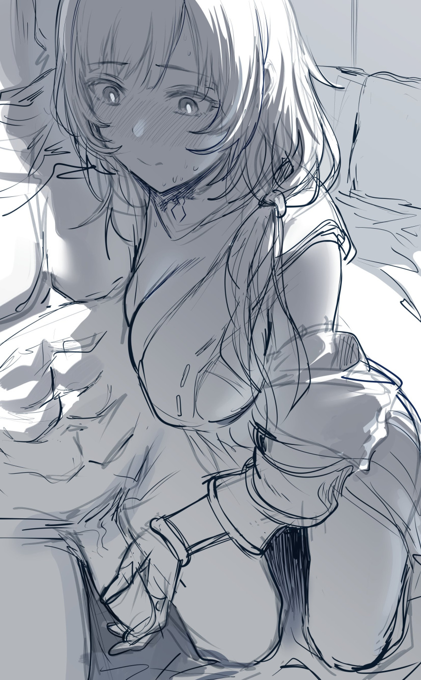 1boy 1girl abs absurdres blush clothed_female_nude_male commentary english_commentary gran_(granblue_fantasy) granblue_fantasy greyscale handjob head_out_of_frame hews highres indoors long_hair looking_down monochrome nervous nude penis raziel_(granblue_fantasy) sidelighting sketch smile sweat tagme unfinished