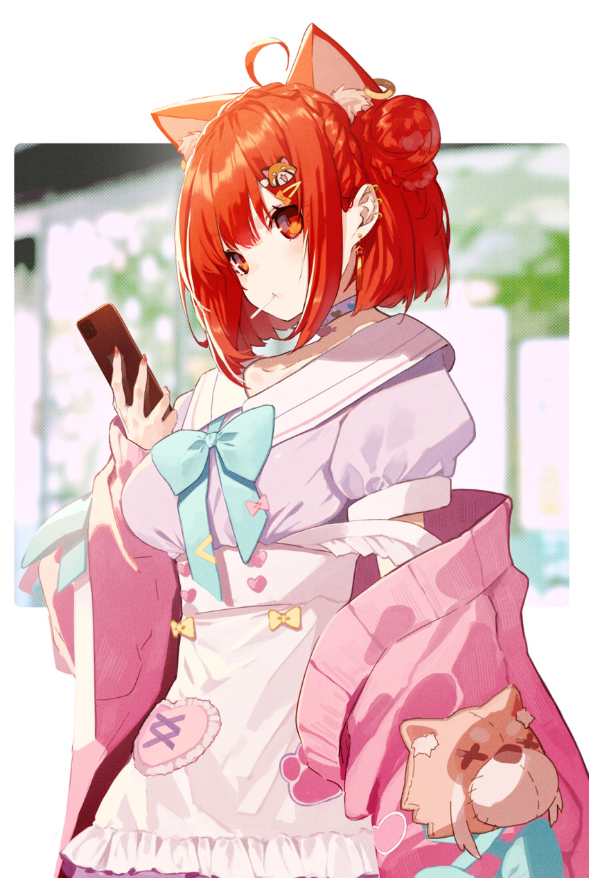 1girl alternate_costume animal_ear_fluff animal_ears aqua_bow aqua_bowtie bag blurry blurry_background border bow bowtie breasts commentary_request food_in_mouth fox_hair_ornament high-waist_skirt highres holding holding_phone jacket large_breasts nail_polish nijisanji off_shoulder orange_eyes outdoors phone pink_jacket pink_nails purple_shirt ratna_petit red_hair red_panda_ears red_panda_girl sailor_collar senmu_(senmudayo) shirt short_hair short_sleeves skirt solo upper_body virtual_youtuber white_sailor_collar white_skirt