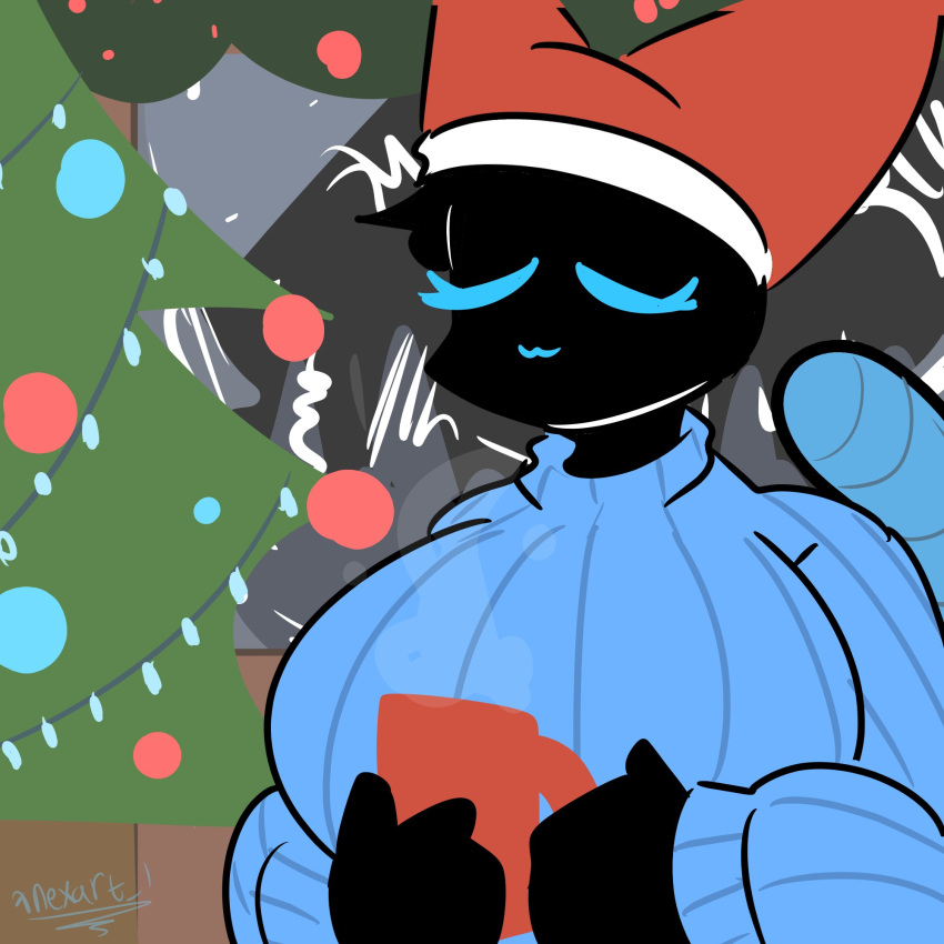 :3 anthro big_breasts black_body black_fur blue_clothing blue_sweater blue_tail_warmer blue_topwear breasts bust_portrait christmas christmas_clothing christmas_headwear christmas_lights christmas_tree clothed clothing digital_media_(artwork) domestic_cat eyelashes eyes_closed felid feline felis female fur furgonomics hat headgear headwear hi_res holding_mug holding_object holidays huge_breasts mammal mug nexart ornament plant portrait raised_tail santa_hat signature solo steam sweater tail tail_clothing tail_warmer three-quarter_view topwear tree unknown_character