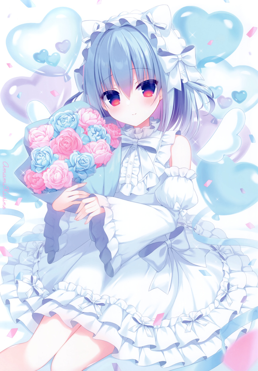 1girl absurdres amami_kurine balloon bare_shoulders blue_eyes blue_flower blue_hair blue_rose blush bouquet bow closed_mouth confetti detached_sleeves detached_wings dress feet_out_of_frame flower frilled_dress frills haconect hasune heart_balloon highres holding holding_bouquet juliet_sleeves knees_together_feet_apart long_sleeves looking_at_viewer mini_wings non-web_source pink_flower pink_rose puffy_sleeves red_eyes rose scan simple_background sleeveless sleeveless_dress sleeves_past_wrists smile solo virtual_youtuber white_background white_bow white_dress white_sleeves white_wings wide_sleeves wings