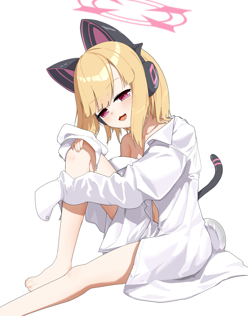 1girl absurdres animal_ear_headphones animal_ears blonde_hair blue_archive blush cat_tail collarbone fake_animal_ears halo headphones highres looking_at_viewer marshal_(artist) momoi_(blue_archive) open_mouth pink_halo red_eyes shirt short_hair simple_background sleeves_past_fingers sleeves_past_wrists tail white_background white_shirt