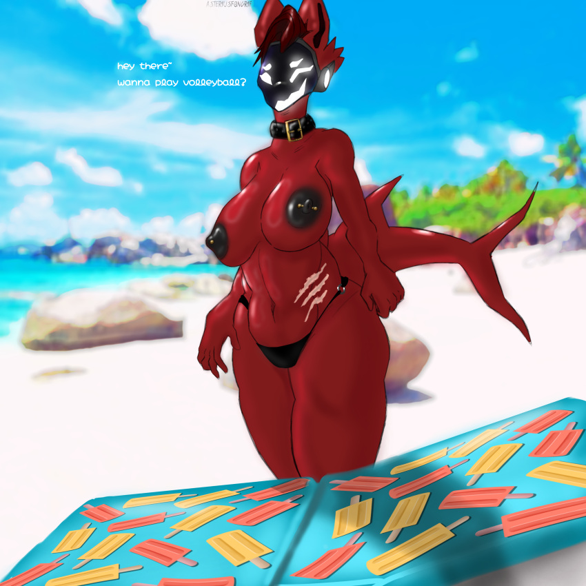 1:1 absurd_res anthro areola asteriusfongrif beach big_breasts black_clothing black_nipples black_panties black_topwear black_underwear breasts butt clothed clothing collar crimson_hair digital_media_(artwork) english_text eve_(asteriusfongrif) female fish fur hair hi_res huge_breasts hybrid looking_at_viewer machine mammal marine markings navel nipples nude open_mouth panties piercing protogen red_body scar shaded shark shark_tail smile solo tail text thick_thighs topwear underwear visor