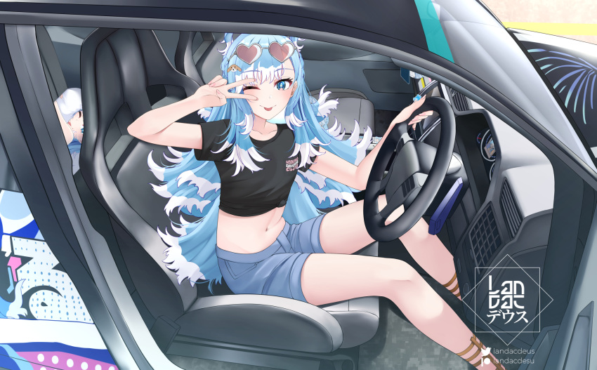 1girl ;p artist_logo black_shirt blue_eyes blue_hair blue_shorts car car_interior colored_tips dakimakura_(object) dog_hair_ornament eyewear_on_head flat_chest hair_ornament heart heart-shaped_eyewear highres hololive hololive_indonesia kobo_kanaeru landacdeus midriff motor_vehicle multicolored_hair navel one_eye_closed open_door patreon_logo pillow shirt shorts sitting solo stomach tongue tongue_out twitter_logo v_over_eye white_hair