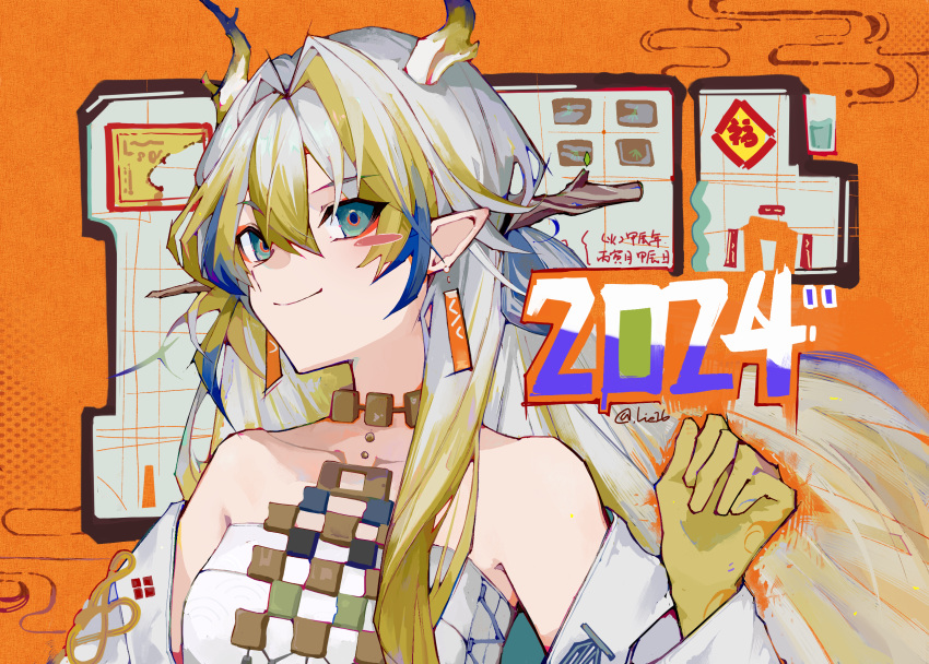 1girl arknights bare_shoulders blonde_hair blue_hair blue_horns blush_stickers chinese_commentary closed_mouth colored_skin commentary_request dragon_girl dragon_horns earrings green_eyes grey_hair hair_between_eyes hair_intakes hand_up highres horns jewelry jie_76_(ji60161596) long_hair long_sleeves looking_at_viewer multicolored_hair necklace off_shoulder orange_background pointy_ears portrait shu_(arknights) smile solo strapless tube_top white_horns white_tube_top yellow_horns