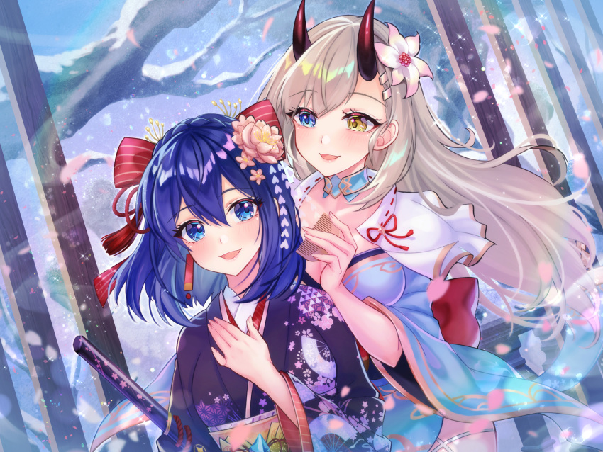 2girls bare_tree blue_eyes blush bow brushing_another's_hair brushing_hair detached_collar dress earrings flower grey_hair hair_bow hair_flower hair_ornament hairclip hand_on_own_chest heterochromia highres horns japanese_clothes jewelry kanzashi kimono long_hair looking_at_another mizunozumi multiple_girls open_mouth outdoors panilla_the_revival petals sheath sheathed side_slit smile snowing sword tree very_long_hair weapon yellow_eyes yuugao_(panilla_the_revival)