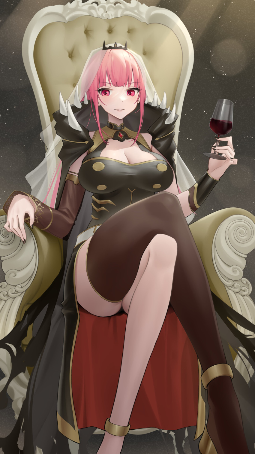 1girl absurdres alcohol black_cape black_dress black_nails black_tiara bow_choker breasts cape cleavage crossed_legs cup detached_sleeves dress drinking_glass highres holding hololive hololive_english holomyth large_breasts long_hair looking_at_viewer mori_calliope mori_calliope_(1st_costume) multicolored_hair nail_polish pink_eyes pink_hair red_eyes shinigami shoulder_spikes single_detached_sleeve single_thighhigh smile solo somebody_(leiking00) spiked_cape spikes thighhighs thighs throne tiara veil virtual_youtuber wine wine_glass