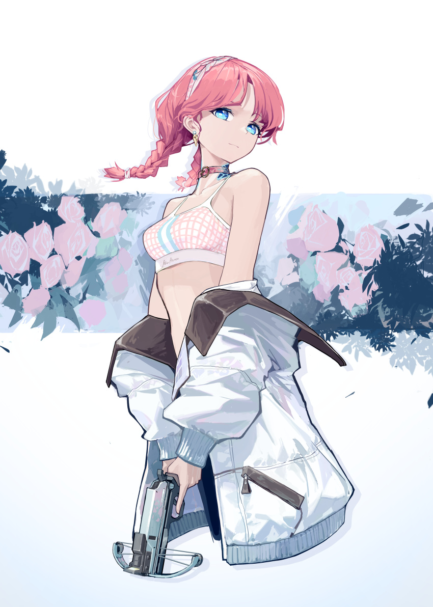 1girl absurdres arknights bare_shoulders blue_eyes blue_poison_(arknights) blue_poison_(shoal_beat)_(arknights) braid breasts c9_(xsotan) choker commentary crop_top crossbow hairband highres holding holding_crossbow holding_weapon jacket long_hair long_sleeves looking_at_viewer midriff off_shoulder official_alternate_costume pink_choker pink_hair small_breasts solo spaghetti_strap sports_bra standing stomach twin_braids weapon white_jacket