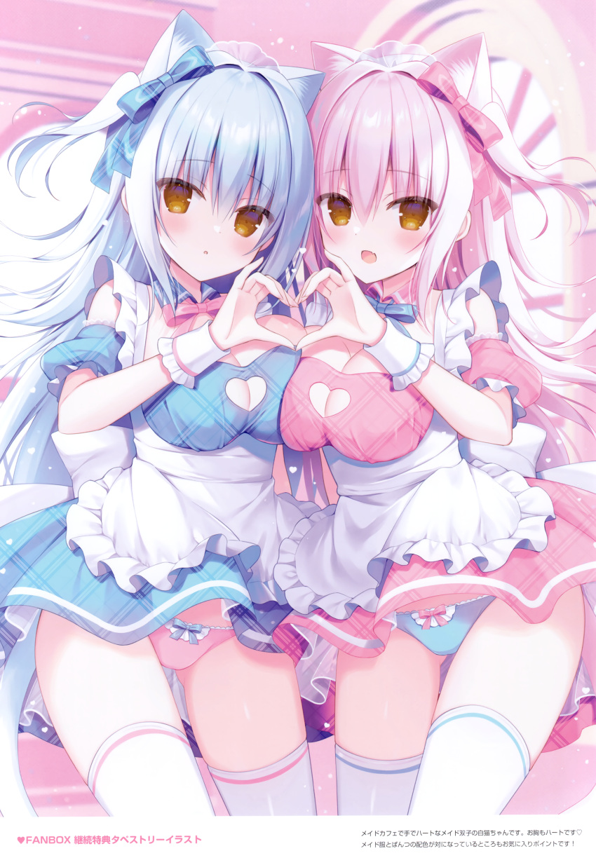 2girls :d :o absurdres animal_ear_fluff animal_ears apron ass_visible_through_thighs blue_bow blue_dress blue_hair blue_panties blush bow bow_panties bowtie breasts brown_eyes cat_ears cat_girl cat_tail cleavage cleavage_cutout clothing_cutout comiket_103 detached_collar detached_sleeves dress frilled_apron frills hair_between_eyes hair_bow hasune heart heart_cutout heart_hands heart_hands_duo highres large_breasts light_particles long_hair looking_at_viewer maid maid_headdress medium_breasts multiple_girls non-web_source open_mouth original panties parted_lips pink_background pink_bow pink_bowtie pink_dress pink_hair pink_panties plaid plaid_dress pleated_dress puffy_short_sleeves puffy_sleeves scan short_sleeves smile tail thighhighs thighs two_side_up underwear very_long_hair waist_apron white_apron white_thighhighs wrist_cuffs