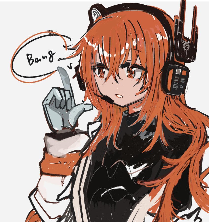 1girl a.i._voice adachi_rei alternate_hair_length alternate_hairstyle black_shirt english_text finger_gun gloves grey_gloves hair_between_eyes hair_down hand_up headset highres jacket long_hair long_sleeves looking_ahead off_shoulder open_clothes open_jacket open_mouth orange_eyes orange_hair pointing pointing_up radio_antenna sasemi shirt simple_background solo upper_body utau white_background white_jacket