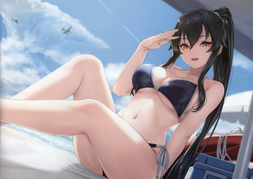 1girl absurdres aircraft airplane bare_arms bare_shoulders beach beach_umbrella bikini black_bikini black_hair blue_sky blurry blurry_background breasts brown_eyes cleavage cloud collarbone comiket_102 cooler day hair_between_eyes halterneck hand_up helicopter high_ponytail highres kantai_collection large_breasts long_hair looking_at_viewer medium_breasts navel non-web_source ocean open_mouth outdoors ponytail rokuwata_tomoe salute scan scrunchie seaplane side-tie_bikini_bottom sidelocks sitting sky smile solo stomach strap_gap string_bikini swimsuit teeth thighs umbrella underboob upper_teeth_only very_long_hair water yahagi_(kancolle) yellow_eyes