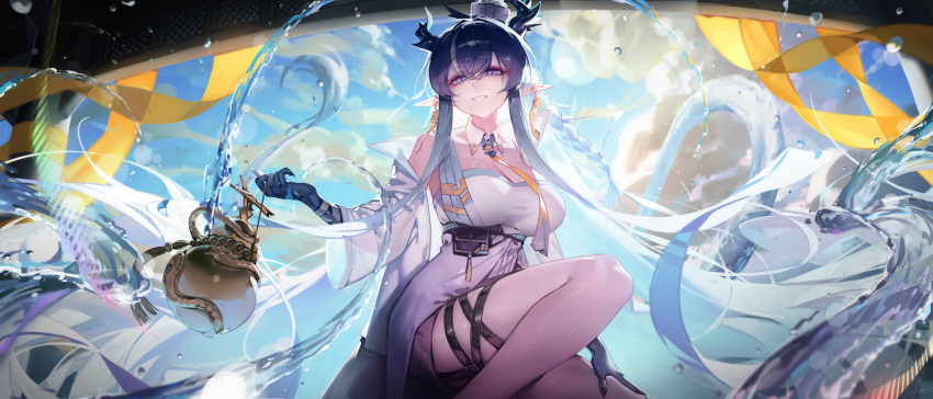 1girl absurdres arknights bare_shoulders blue_eyes blue_hair breasts commentary dragon_girl dragon_horns highres horns jacket jug_(bottle) large_breasts ling_(arknights) long_hair looking_at_viewer off_shoulder pointy_ears ribiadan shirt smile solo very_long_hair white_jacket white_shirt