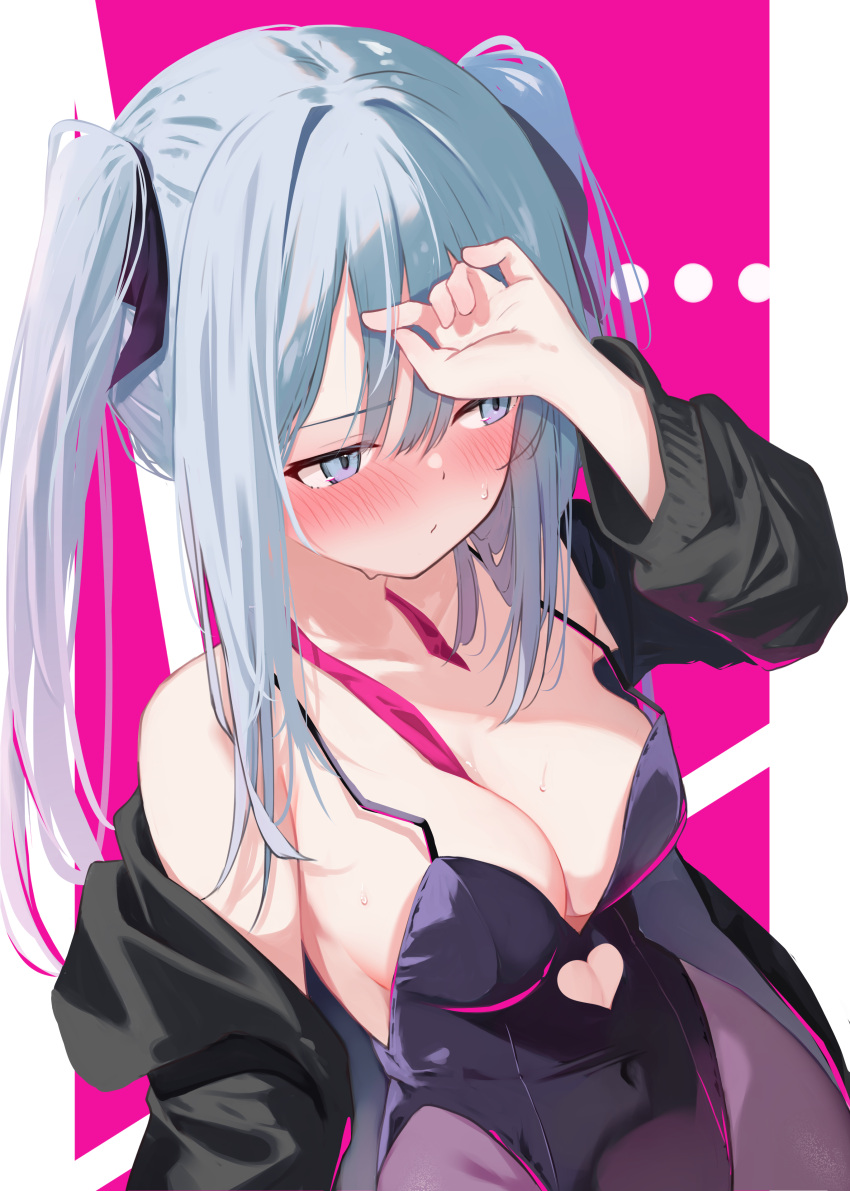 ... 1girl absurdres aqua_hair bare_shoulders black_jacket black_leotard blue_eyes blush breasts cleavage closed_mouth clothing_cutout covered_navel hatsune_miku heart_cutout highres jacket large_breasts leotard long_sleeves looking_to_the_side memekko pink_background playboy_bunny rabbit_hole_(vocaloid) sweat twintails two-tone_background vocaloid
