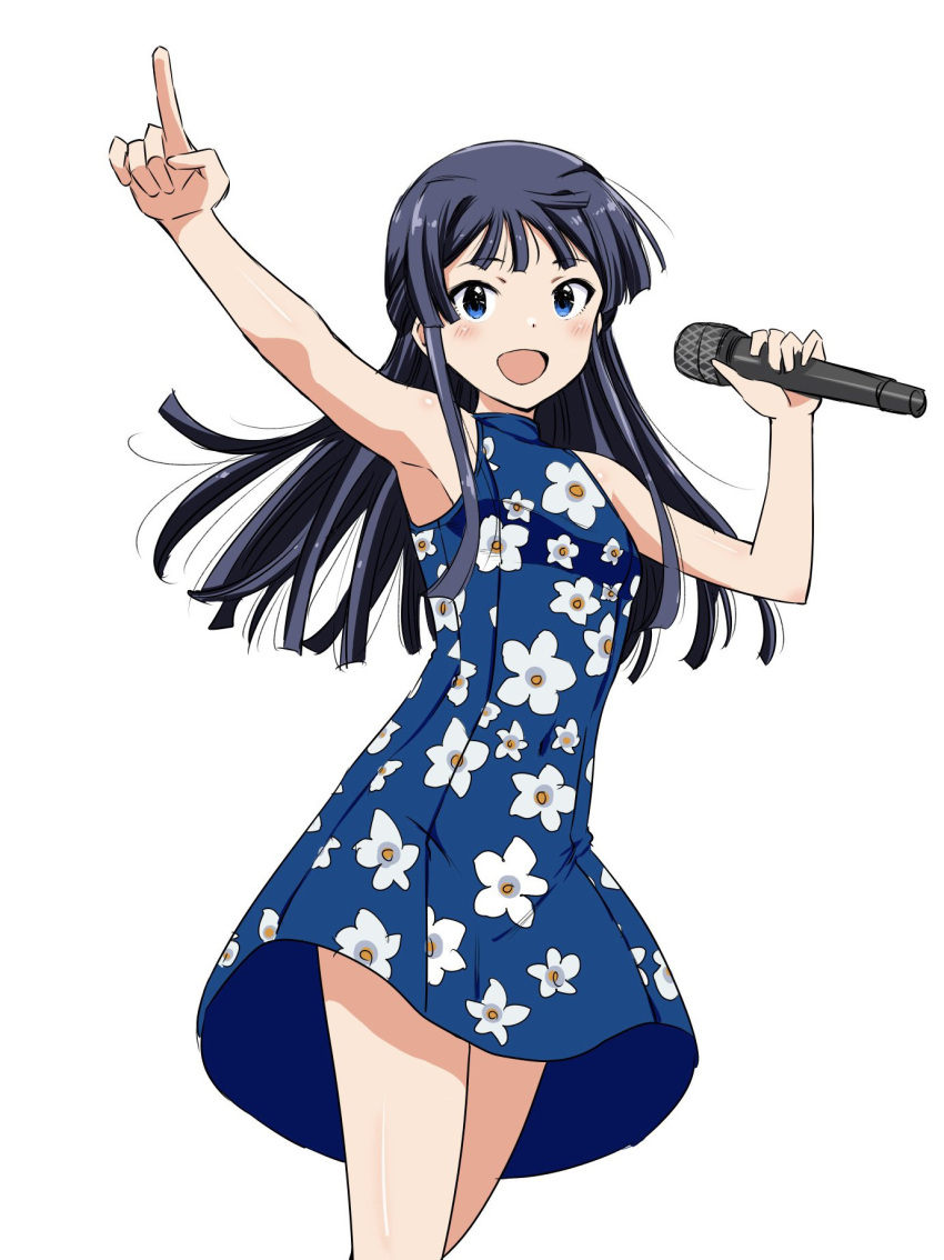 1girl armpits arms_up bare_legs bare_shoulders black_hair blue_dress blue_eyes blush cowboy_shot dot_nose dress floral_print floral_print_dress highres holding holding_microphone idolmaster idolmaster_million_live! idolmaster_million_live!_theater_days long_hair matcha_kingyo microphone mogami_shizuka official_alternate_costume open_mouth parted_bangs pointing pointing_up print_dress simple_background sleeveless sleeveless_dress smile solo white_background