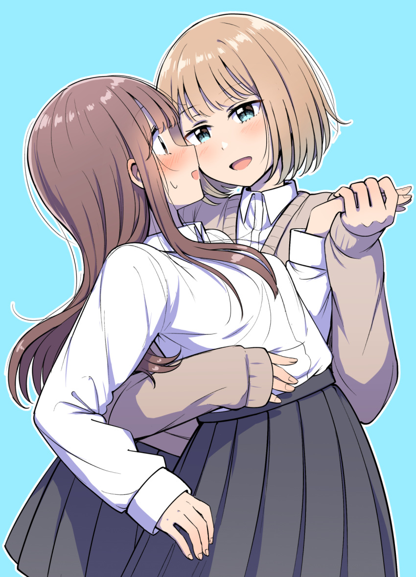 2girls betock black_eyes blue_background blue_eyes blue_skirt blush bob_cut brown_hair brown_sweater collared_shirt commentary dress_shirt highres holding_hands light_brown_hair long_hair long_sleeves multiple_girls open_mouth original outline pleated_skirt shirt short_hair sidelocks simple_background skirt sleeves_past_wrists sweater white_outline white_shirt yuri