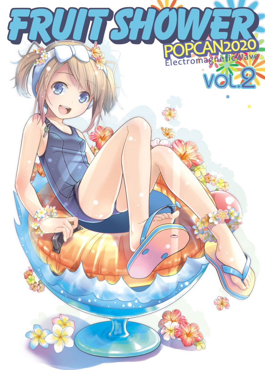 1girl blonde_hair blue_eyes blue_one-piece_swimsuit breasts flower full_body hairband highres innertube looking_at_viewer one-piece_swimsuit open_mouth original pop_(electromagneticwave) short_twintails slippers small_breasts smile solo swim_ring swimsuit twintails