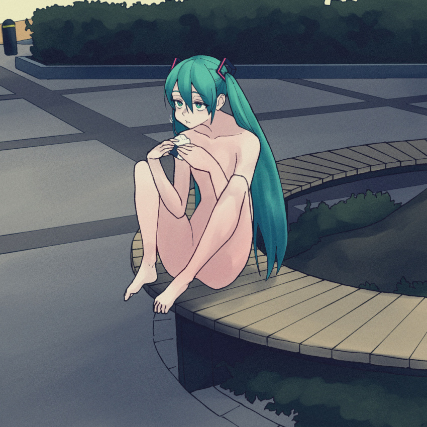 1girl blue_eyes blue_hair byackopath_(artist) chewing closed_mouth commentary_request completely_nude convenient_leg day eating expressionless food food_bite full_body hair_ornament half-closed_eyes hatsune_miku hedge holding holding_food knees_up long_hair looking_ahead nude on_bench onigiri outdoors park sitting solo spread_legs streaking twintails vocaloid