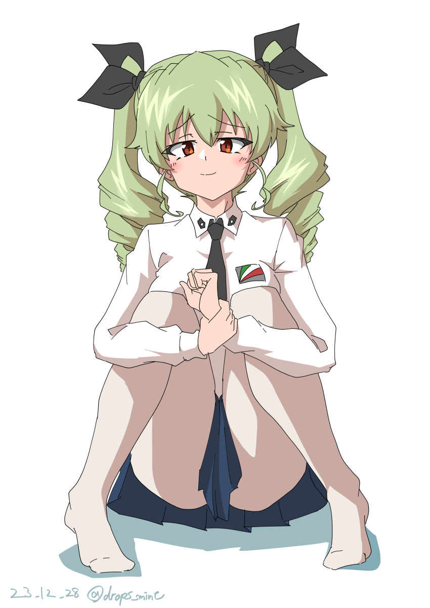 1girl absurdres anchovy_(girls_und_panzer) anzio_school_uniform black_necktie black_ribbon blue_skirt closed_mouth convenient_censoring dated dress_shirt drill_hair drops_mint emblem girls_und_panzer green_hair hair_ribbon half-closed_eyes highres holding_own_arm hugging_own_legs long_hair long_sleeves looking_at_viewer miniskirt necktie no_shoes pantyhose pleated_skirt red_eyes ribbon school_uniform shadow shirt simple_background sitting skirt smile solo twin_drills twintails twitter_username white_background white_pantyhose white_shirt wing_collar