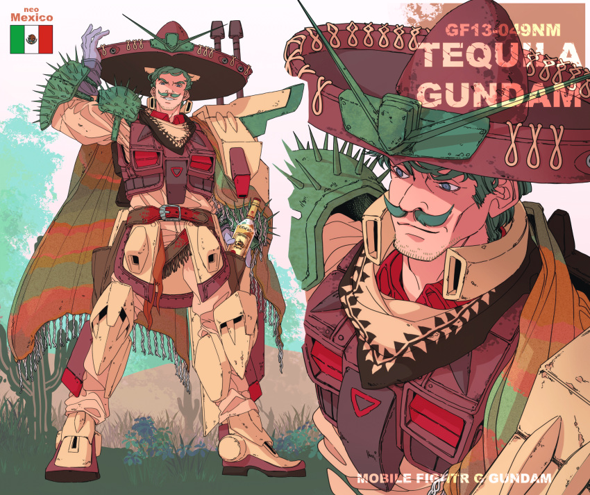 1boy 8823 alcohol arm_up armor armored_boots bandana beard_stubble belt blue_eyes boots bottle brown_belt brown_pants brown_skirt cactus character_name collared_shirt copyright_name facial_hair g_gundam gloves grass green_hair grey_gloves grin gundam hat highres holster legs_apart male_focus mecha_danshi mexican_flag mexico mountain multiple_views mustache pants sarape shirt short_hair shoulder_armor shoulder_spikes skirt smile sombrero spikes standing stubble tequila_gundam v-fin