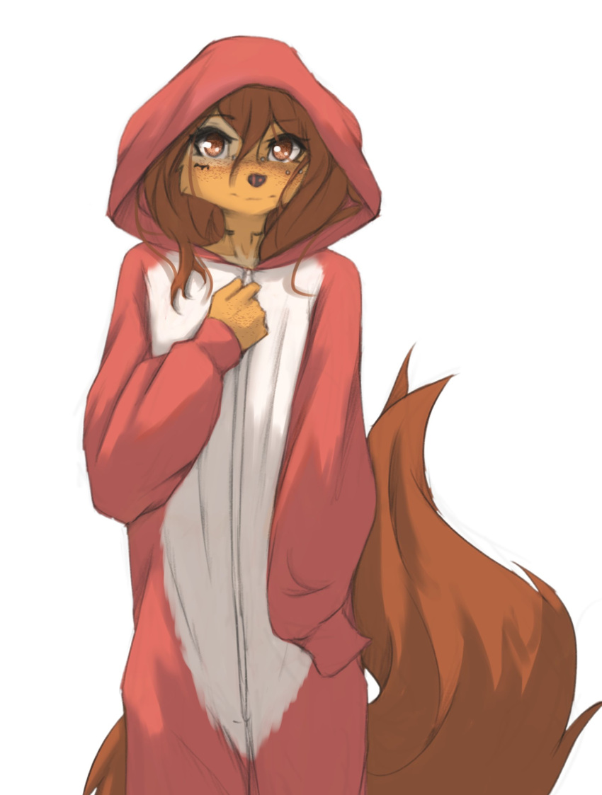 2024 5_fingers absurd_res anthro apogee_(tinygaypirate) brown_eyes brown_hair brown_tail canid canine canis clothed clothing domestic_dog female fingers front_view hair hi_res kigurumi long_tail looking_at_viewer mammal onesie simple_background solo standing tail tinygaypirate white_background