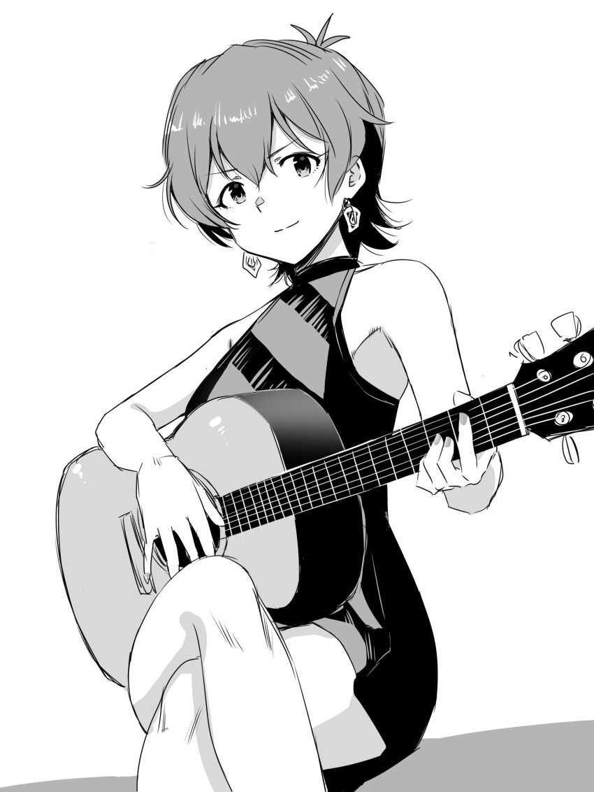 1girl acoustic_guitar antenna_hair armpits bare_legs bare_shoulders closed_mouth crossed_legs dot_nose dress earrings eyelashes flipped_hair greyscale guitar hair_between_eyes highres idolmaster idolmaster_million_live! idolmaster_million_live!_theater_days instrument jewelry julia_(idolmaster) looking_at_viewer matcha_kingyo monochrome official_alternate_costume parted_bangs playing_guitar short_hair sidelocks simple_background sitting sleeveless sleeveless_dress solo v-shaped_eyebrows white_background