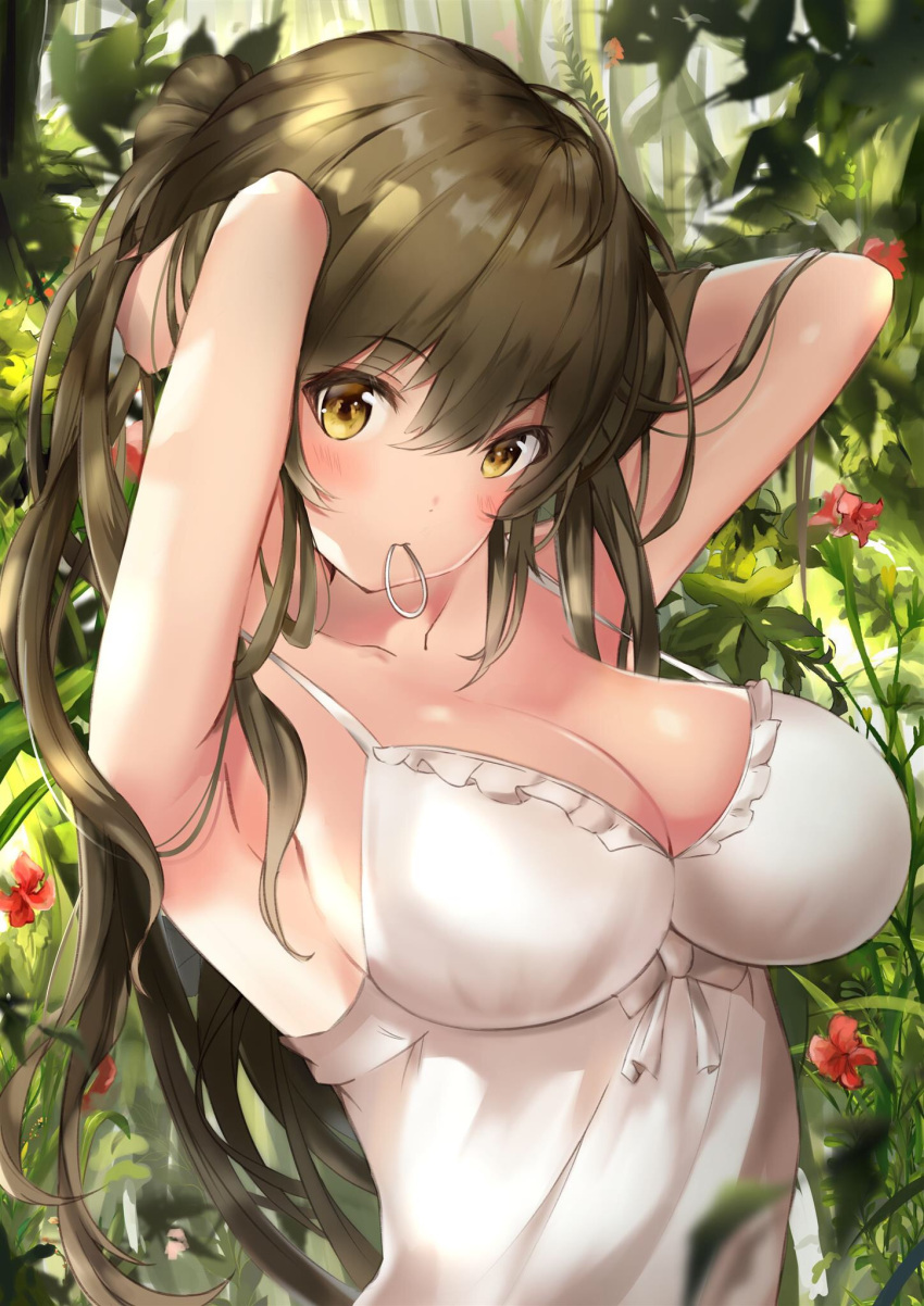 1girl adjusting_hair ahoge armpits arms_behind_head arms_up bare_shoulders blurry breasts brown_hair cleavage collarbone dappled_sunlight flower frilled_shirt frills grass hair_between_eyes hair_over_shoulder hair_tie_in_mouth highres large_breasts light_blush long_hair looking_at_viewer messy_hair mouth_hold nature original outdoors red_flower shirt sleeveless sleeveless_shirt spaghetti_strap sunlight tree tying_hair upper_body white_shirt yellow_eyes yutoriko_(candy0905)