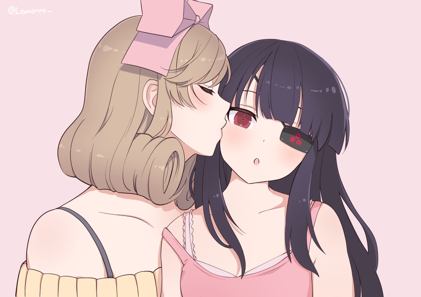 2girls :o absurdres armpit_crease artist_name black_hair blunt_bangs blush bow bra bra_strap brown_hair closed_eyes collarbone curly_hair eyepatch hair_bow haruka_(senran_kagura) highres hime_cut kiss kissing_cheek lemonrou long_hair looking_at_viewer mirai_(senran_kagura) multiple_girls open_mouth pink_background pink_bow pink_bra pink_tank_top red_eyes ribbed_sweater senran_kagura senran_kagura_shoujo-tachi_no_shin'ei short_hair sidelocks simple_background surprised sweater tank_top tomoe_(symbol) twitter_username underwear upper_body yellow_sweater yuri