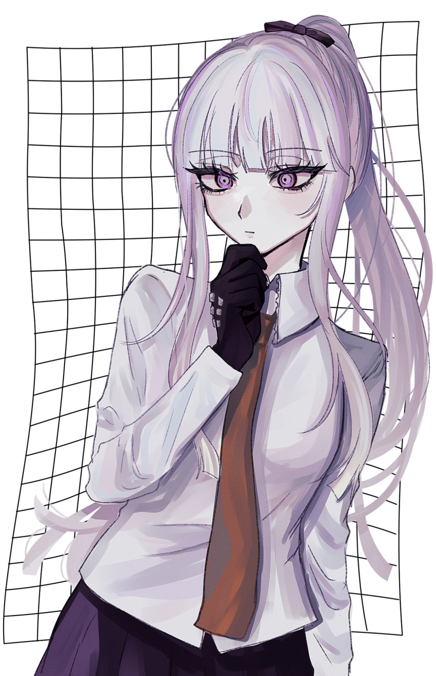 1girl black_bow black_gloves black_skirt bow brown_necktie collared_shirt cowboy_shot danganronpa:_trigger_happy_havoc danganronpa_(series) gloves grey_hair hair_bow hand_up highres kirigiri_kyoko long_hair long_sleeves miniskirt necktie pink_eyes pleated_skirt ponytail shimotsuki_niko shirt skirt solo white_background white_shirt