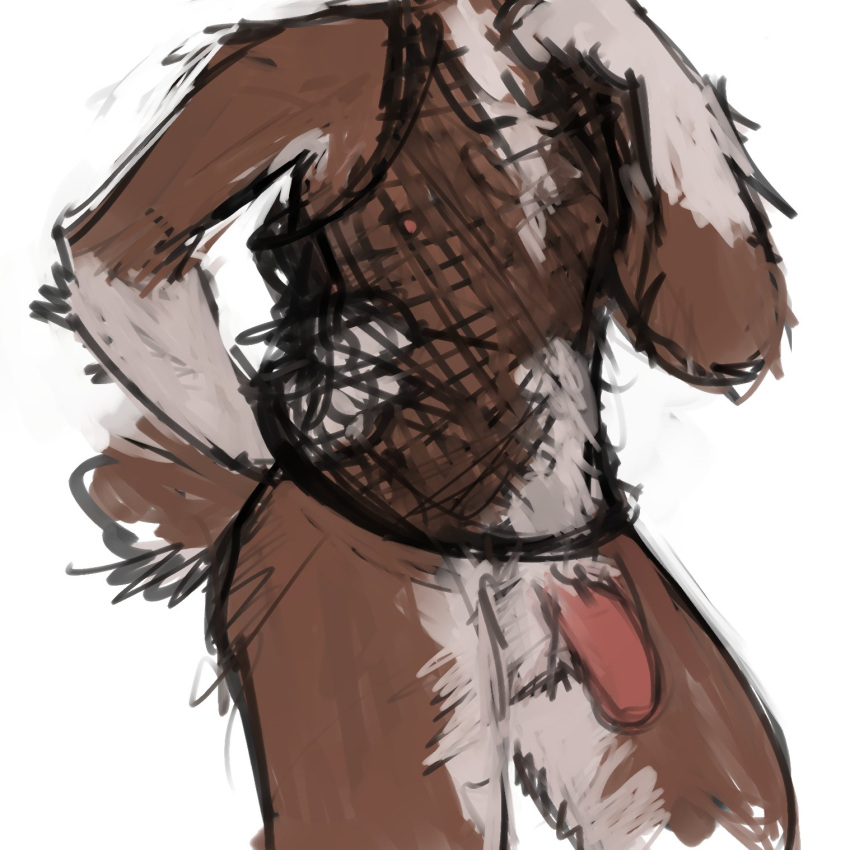 2023 anthro bottomless brown_body brown_fur clothed clothing countershade_legs countershade_torso countershading digital_drawing_(artwork) digital_media_(artwork) domestic_cat felid feline felis fishnet fishnet_clothing fishnet_shirt fishnet_topwear flaccid fluffy fluffy_tail foreskin fur genitals gloves_(marking) guide_lines hairy hand_on_hip hi_res humanoid_genitalia humanoid_penis male mammal markings mostly_nude nipples penis pochowek simple_background skala solo tail topwear white_background white_body white_fur