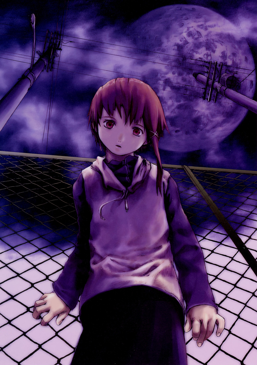 1990s_(style) 1girl abe_yoshitoshi absurdres black_skirt brown_eyes brown_hair chain-link_fence fence full_moon hair_ornament hairclip highres hood hood_down hoodie iwakura_lain looking_at_viewer looking_down moon night non-web_source official_art parted_lips power_lines purple_theme retro_artstyle scan serial_experiments_lain single_sidelock skirt solo transformer utility_pole x_hair_ornament