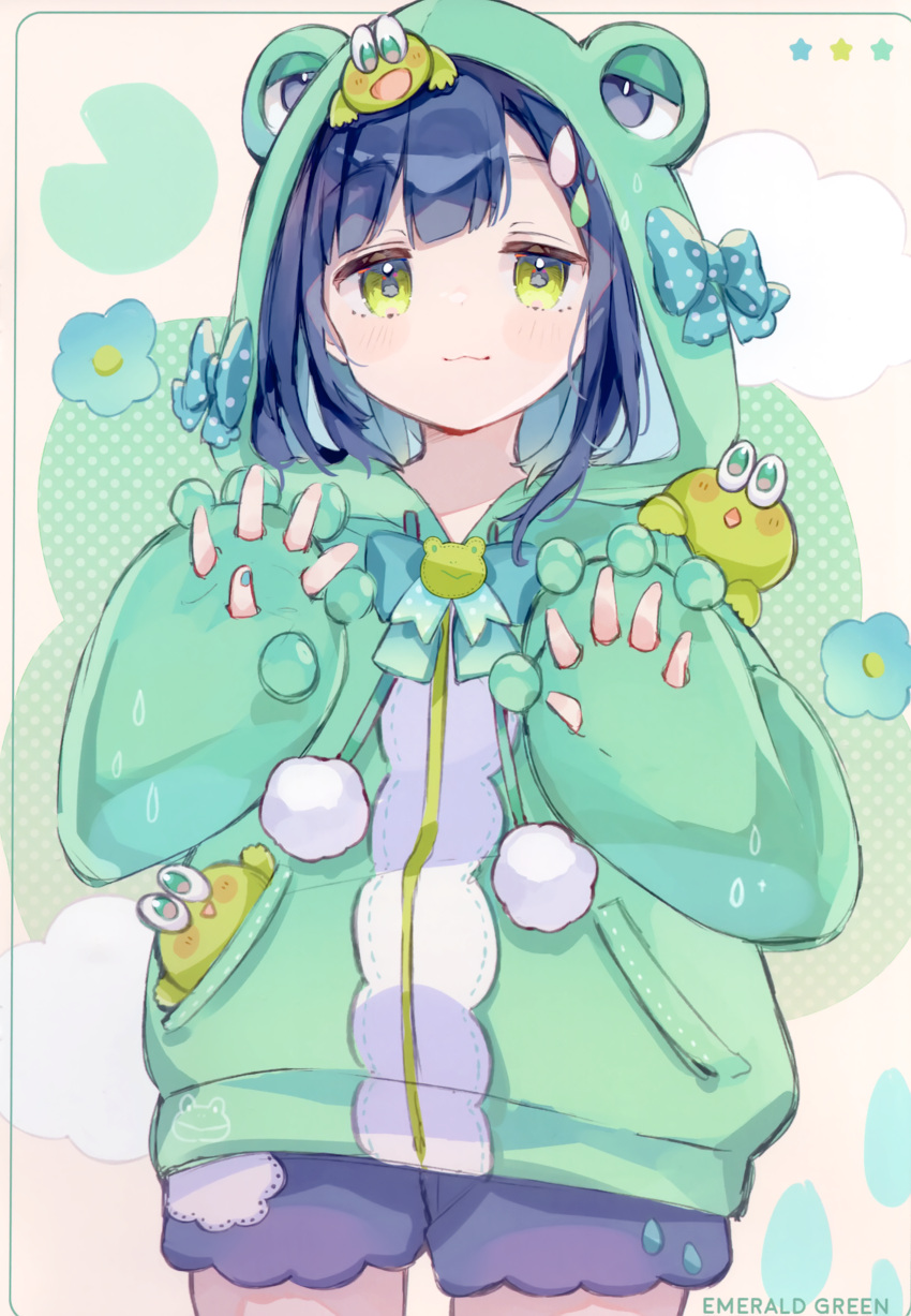 1girl absurdres animal_hood blue_bow blue_hair blue_shorts blush bow claw_pose closed_mouth comitia_146 cowboy_shot flower frog_hood green_eyes green_hoodie green_jacket green_nails hair_ornament hairclip highres hood hood_up hoodie jacket long_sleeves looking_at_viewer nail_polish non-web_source original polka_dot scan sencha_(senta_10) short_hair shorts smile solo