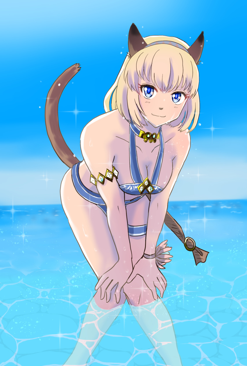 1girl adventurer_(ff11) animal_ears armlet bare_shoulders bent_over bikini blonde_hair blue_bikini blue_choker blue_eyes blue_sky breasts breasts_squeezed_together brown_tail cat_ears cat_girl cat_tail chatarou_bekkan choker clear_sky cleavage closed_mouth collarbone day eyelashes feet_out_of_frame final_fantasy final_fantasy_xi hairband halterneck highres knees_together_feet_apart medium_breasts mithra_(ff11) outdoors short_hair sky smile solo sparkle standing swimsuit tail tail_raised thigh_strap wading water