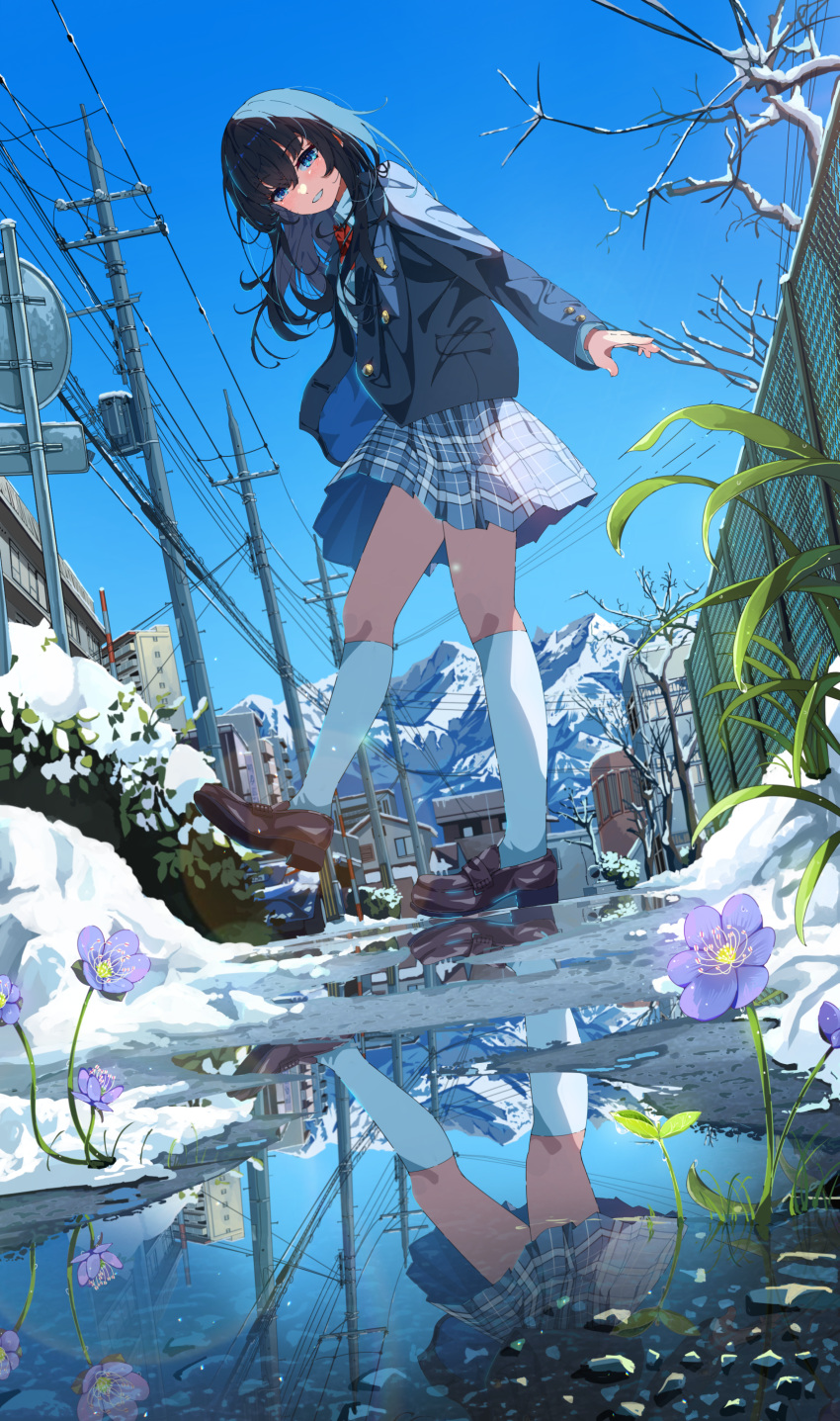 1girl absurdres black_hair blazer blue_eyes blue_sky blush flower from_below highres jacket long_hair long_sleeves looking_at_viewer neckerchief original outdoors plaid plaid_skirt pleated_skirt reflection reflective_water sakatsuki_yakumo scenery school_uniform serafuku shirt skirt sky smile snow solo water white_shirt winter